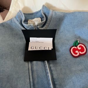 Gucci kids GG Apple denim jacket and skirt set w/ Gucci garment bag and hanger